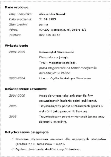 Zalety i wady CV