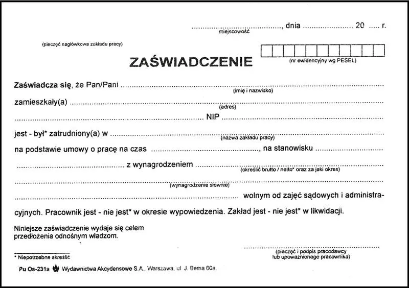 Zaświadczenie o zatrudnieniu